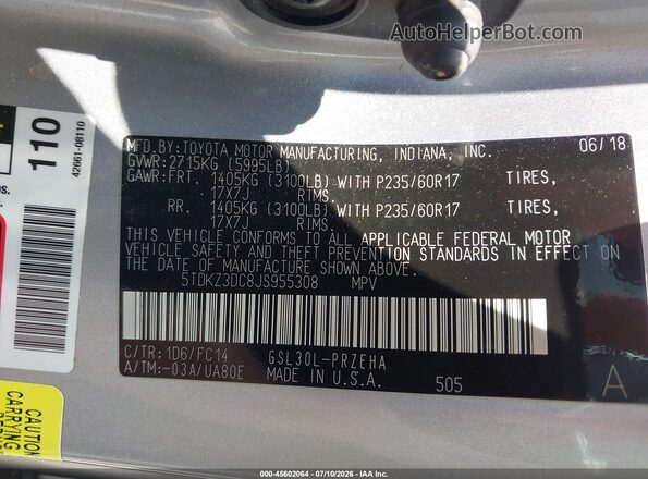 5TDKZ3DC8JS955308 2018 TOYOTA SIENNA Silver Вид підкапотного простору