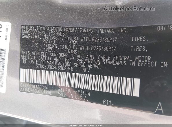5TDKZ3DC8KS968948 2019 TOYOTA SIENNA Gray Engine compartment view