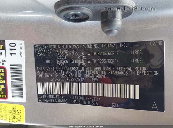 5TDKZ3DCXJS927512 2018 TOYOTA SIENNA Серебряный Вид подкапотного пространства