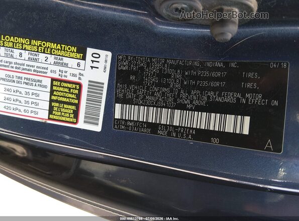 5TDKZ3DCXJS941037 2018 TOYOTA SIENNA Blue Շարժիչի բաժամունքի տեսք