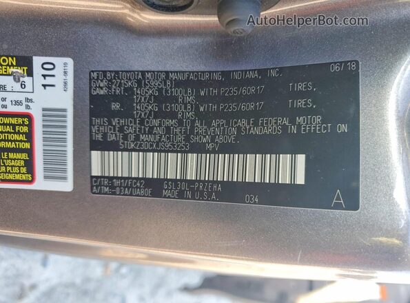 5TDKZ3DCXJS953253 2018 TOYOTA SIENNA Gray VIN կոդի պիտակի տեսք