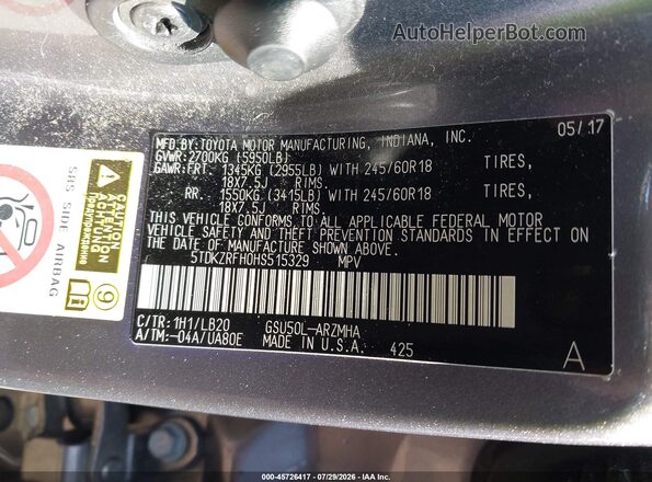 5TDKZRFH0HS515329 2017 TOYOTA HIGHLANDER Gray Engine compartment view