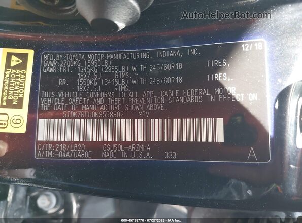 5TDKZRFH0KS558902 2019 TOYOTA HIGHLANDER Black Շարժիչի բաժամունքի տեսք
