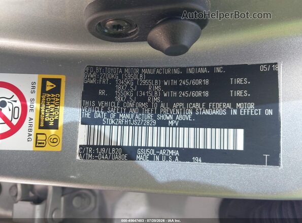 5TDKZRFH1JS272829 2018 TOYOTA HIGHLANDER Серебряный Вид подкапотного пространства