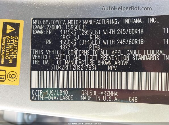 5TDKZRFH2HS217834 2017 TOYOTA HIGHLANDER Silver Widok komory silnika