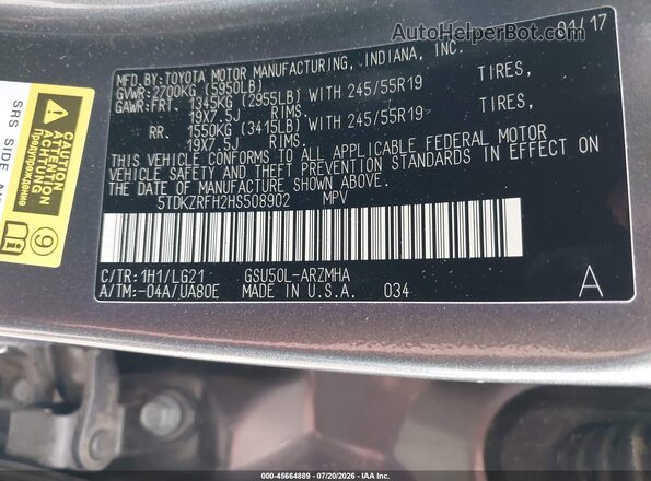 5TDKZRFH2HS508902 2017 TOYOTA HIGHLANDER Gray Widok komory silnika