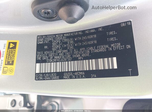 5TDKZRFH2JS287307 2018 TOYOTA HIGHLANDER Silver Engine compartment view