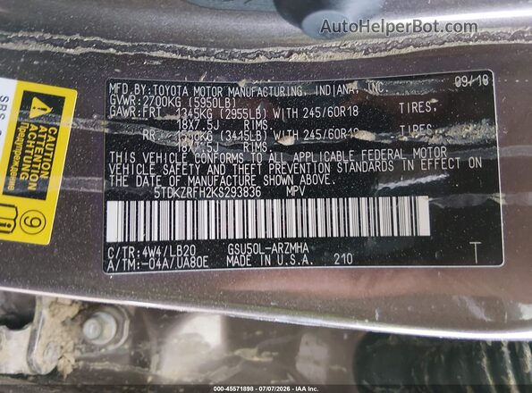 5TDKZRFH2KS293836 2019 TOYOTA HIGHLANDER Желто-коричневый Вид подкапотного пространства