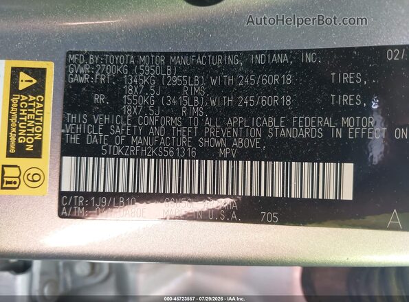 5TDKZRFH2KS561316 2019 TOYOTA HIGHLANDER Gray Вид підкапотного простору