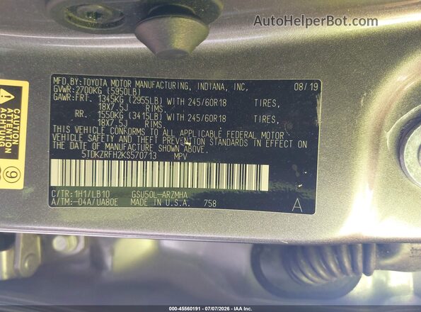 5TDKZRFH2KS570713 2019 TOYOTA HIGHLANDER Gray Вид підкапотного простору