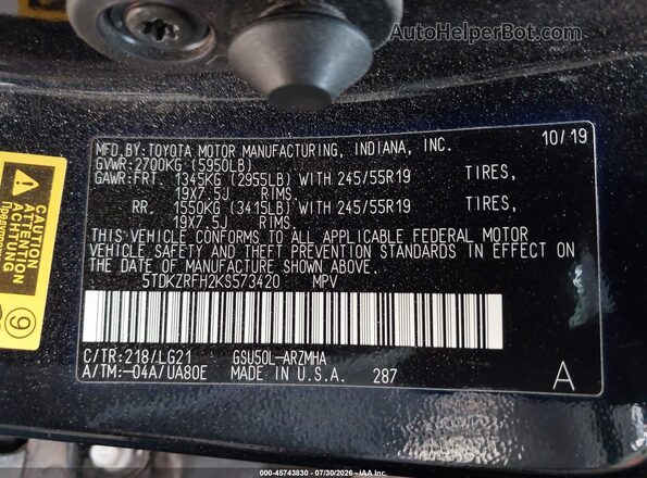 5TDKZRFH2KS573420 2019 TOYOTA HIGHLANDER Black Widok komory silnika