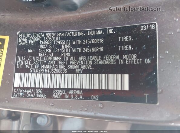5TDKZRFH4JS260836 2018 TOYOTA HIGHLANDER Brown Вид підкапотного простору