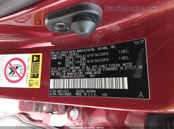 5TDKZRFH4JS533919 2018 TOYOTA HIGHLANDER Red Vista del compartimento del motor