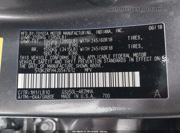 5TDKZRFH4JS547612 2018 TOYOTA HIGHLANDER Gray Engine compartment view