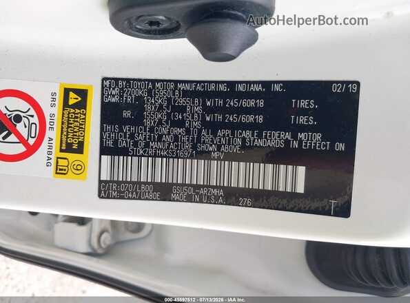 5TDKZRFH4KS316971 2019 TOYOTA HIGHLANDER White Widok komory silnika