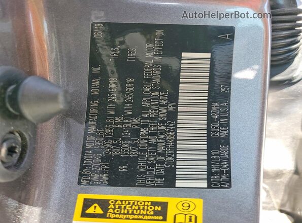 5TDKZRFH4KS567442 2019 TOYOTA HIGHLANDER Серый Вид наклейки с VIN-кодом
