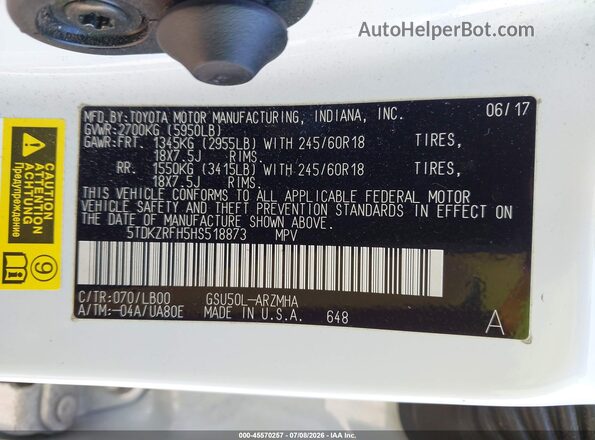 5TDKZRFH5HS518873 2017 TOYOTA HIGHLANDER White Engine compartment view