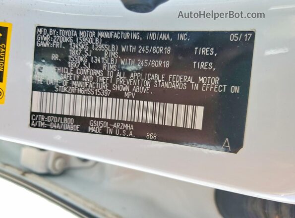 5TDKZRFH6HS515397 2017 TOYOTA HIGHLANDER White Vista de la etiqueta del VIN