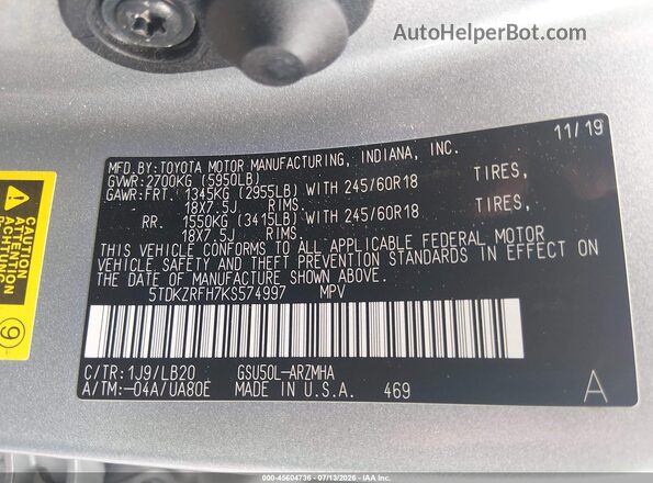 5TDKZRFH7KS574997 2019 TOYOTA HIGHLANDER Silver ძრავის განყოფილების ხედი