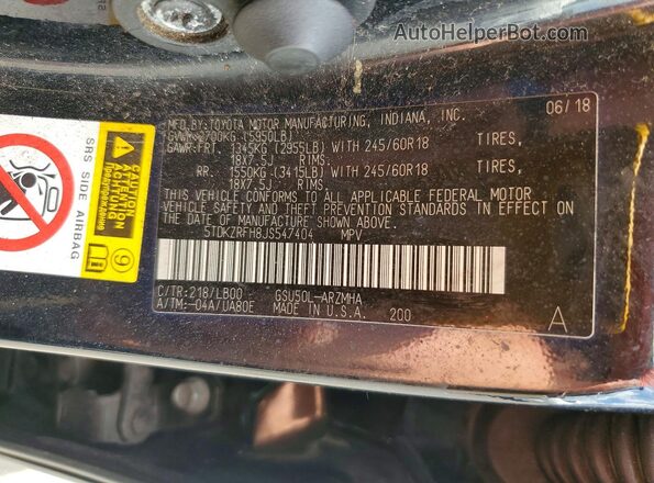 5TDKZRFH8JS547404 2018 TOYOTA HIGHLANDER Black Vista de la etiqueta del VIN