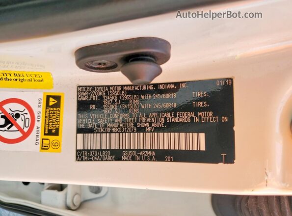5TDKZRFH8KS312079 2019 TOYOTA HIGHLANDER White VIN կոդի պիտակի տեսք