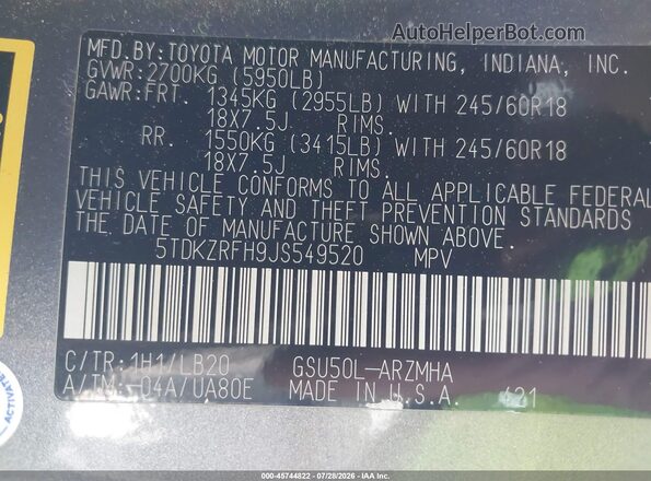 5TDKZRFH9JS549520 2018 TOYOTA HIGHLANDER Серый Вид подкапотного пространства