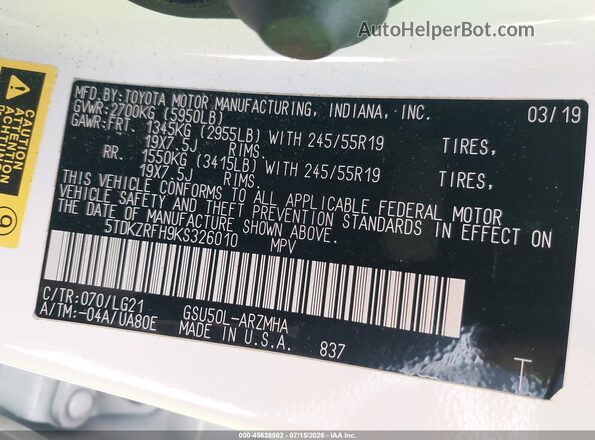 5TDKZRFH9KS326010 2019 TOYOTA HIGHLANDER White Engine compartment view