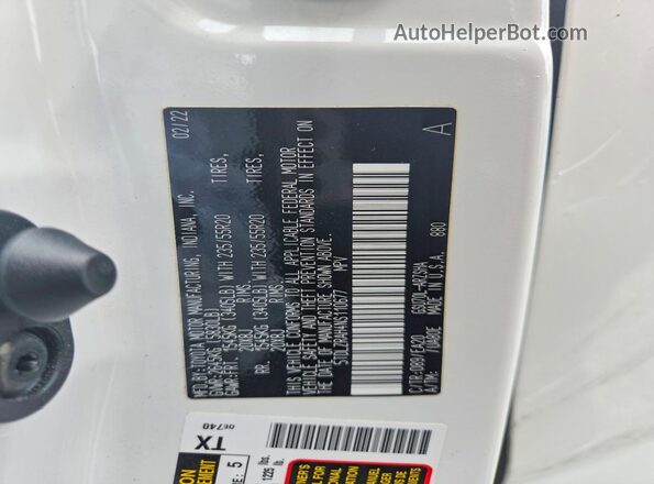 5TDLZRAH4NS110677 2022 TOYOTA HIGHLANDER White Панорамний вид салону 360°
