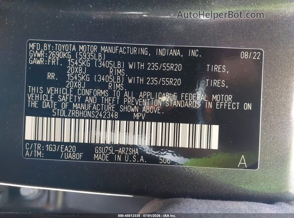 5TDLZRBH0NS242348 2022 TOYOTA HIGHLANDER Gray Engine compartment view