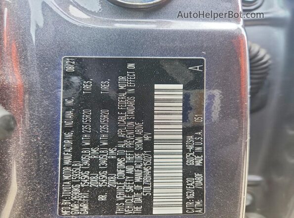 5TDLZRBH4MS150271 2021 TOYOTA HIGHLANDER Black VIN კოდის სტიკერის ხედი