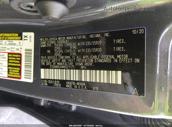5TDXBRCH4MS021175 2021 TOYOTA HIGHLANDER Gray ძრავის განყოფილების ხედი