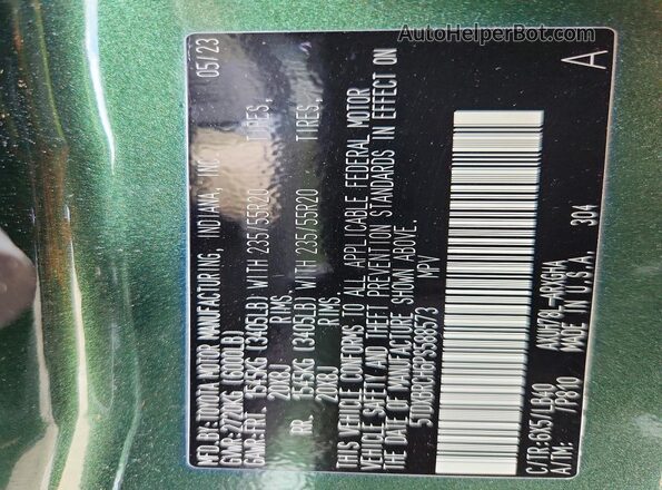 5TDXBRCH6PS588573 2023 TOYOTA HIGHLANDER Зеленый Вид наклейки с VIN-кодом