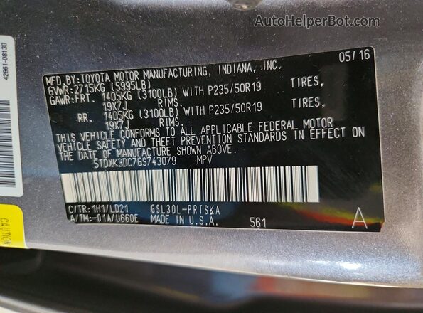 5TDXK3DC7GS743079 2016 TOYOTA SIENNA Серый Вид наклейки с VIN-кодом
