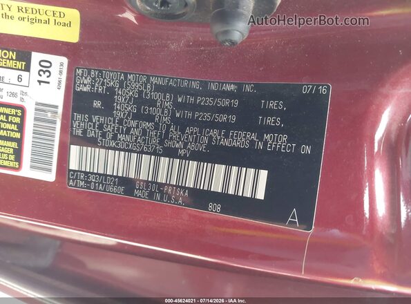 5TDXK3DCXGS763715 2016 TOYOTA SIENNA Maroon Вид підкапотного простору
