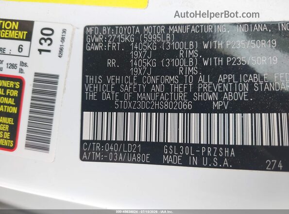 5TDXZ3DC2HS802066 2017 TOYOTA SIENNA White Widok komory silnika