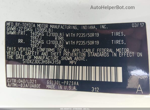 5TDXZ3DC3HS843158 2017 TOYOTA SIENNA White Вид підкапотного простору