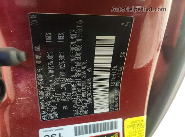 5TDXZ3DC3JS934095 2018 TOYOTA SIENNA Red Vista de la etiqueta del VIN