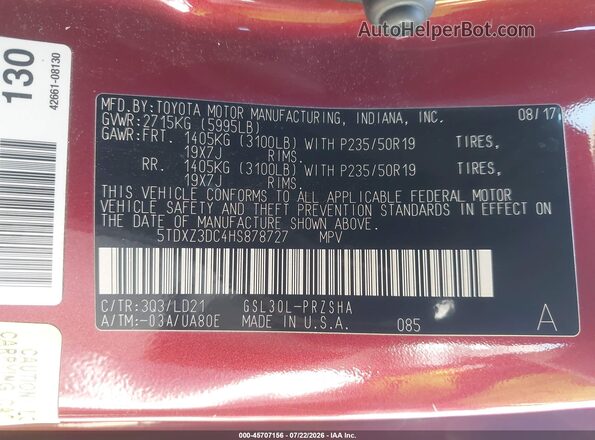 5TDXZ3DC4HS878727 2017 TOYOTA SIENNA Red Vista del compartimento del motor