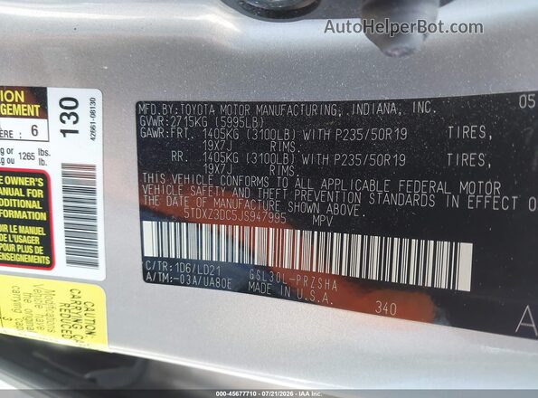 5TDXZ3DC5JS947995 2018 TOYOTA SIENNA Silver Շարժիչի բաժամունքի տեսք