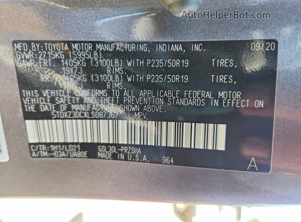 5TDXZ3DCXLS087367 2020 TOYOTA SIENNA Charcoal VIN կոդի պիտակի տեսք
