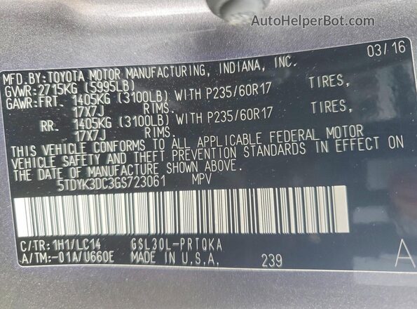 5TDYK3DC3GS723061 2016 TOYOTA SIENNA Silver VIN կոդի պիտակի տեսք