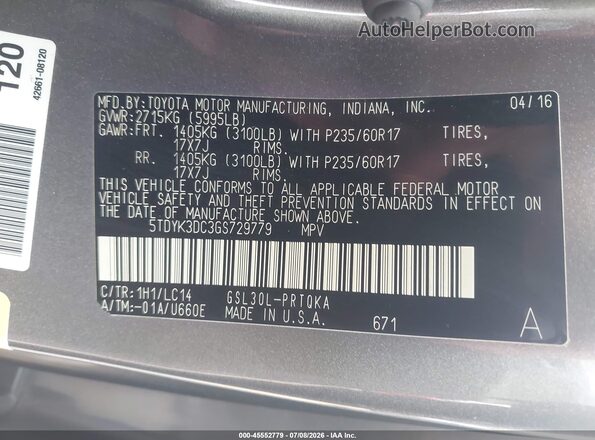 5TDYK3DC3GS729779 2016 TOYOTA SIENNA Серый Вид подкапотного пространства