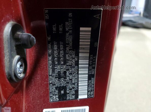 5TDYK3DC3GS749109 2016 TOYOTA SIENNA Red Vista de la etiqueta del VIN