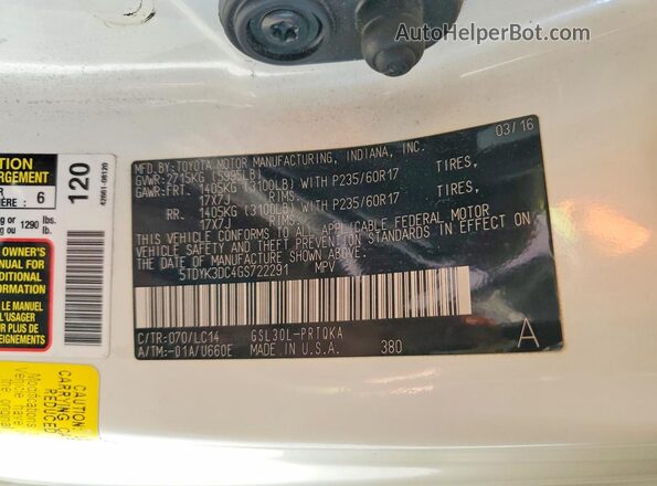 5TDYK3DC4GS722291 2016 TOYOTA SIENNA White Vista interior de 360 grados
