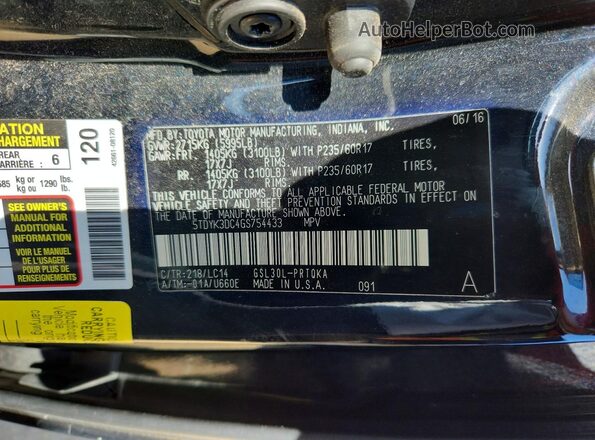 5TDYK3DC4GS754433 2016 TOYOTA SIENNA Black Вид наклейки з VIN-кодом