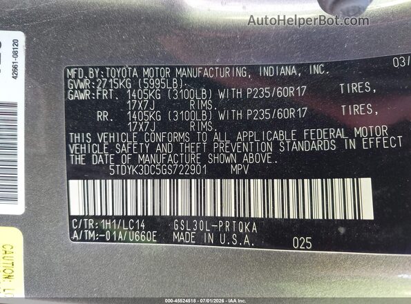 5TDYK3DC5GS722901 2016 TOYOTA SIENNA Gray Engine compartment view
