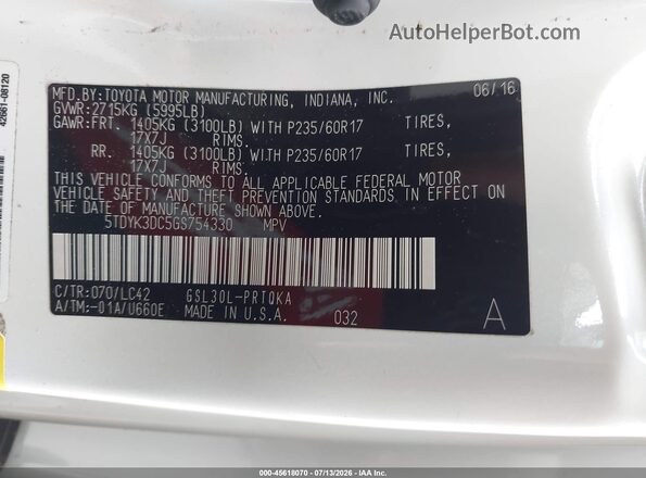 5TDYK3DC5GS754330 2016 TOYOTA SIENNA White Vista del compartimento del motor