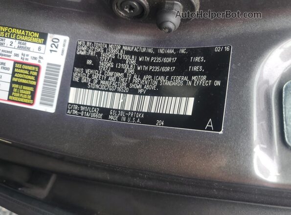 5TDYK3DC7GS716520 2016 TOYOTA SIENNA Gray VIN կոդի պիտակի տեսք
