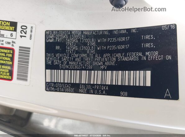 5TDYK3DC8GS747288 2016 TOYOTA SIENNA White Widok komory silnika