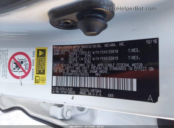 5TDYKRFH2GS184055 2016 TOYOTA HIGHLANDER White Vista del compartimento del motor